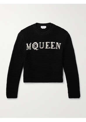McQueen - Cropped Ribbed Logo-Jacquard Cotton Sweater - Men - Black - S