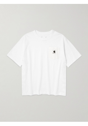 Sacai - Logo-Appliquéd Canvas-Trimmed Cotton-Jersey T-Shirt - Men - White - 1