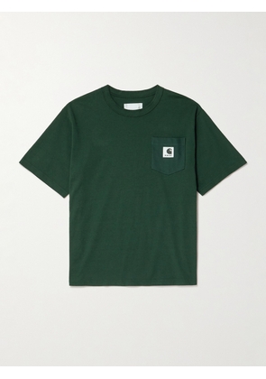 Sacai - Carhartt WIP Logo-Appliquéd Canvas-Trimmed Cotton-Jersey T-Shirt - Men - Green - 1