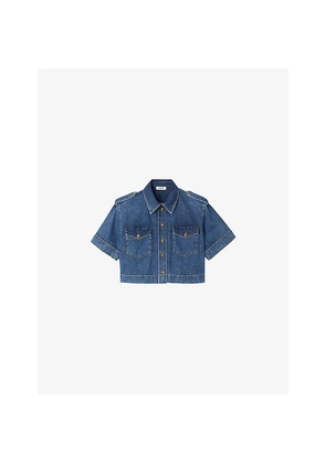 Womens Sandro Cropped Chest-Pocket Denim Shirt