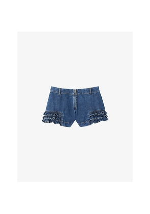 Womens Sandro Ruffled-Hem Mid-Rise Denim Shorts