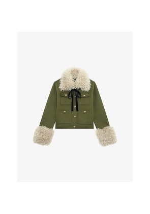 Womens The Kooples Sherpa-Collar Patch-Pocket Wool-Blend Jacket