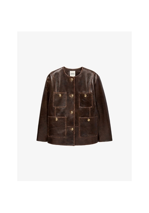 Womens Sandro Distressed Button-Embellished Leather Jacket