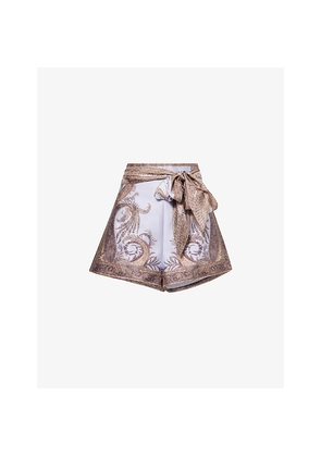 Womens Zimmermann Printed Belted Silk and Cotton Shorts