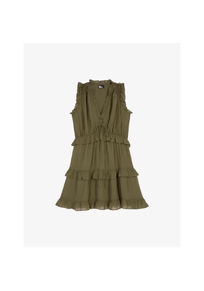 Womens The Kooples Ruffled-Trim V-Neck Woven Mini Dress