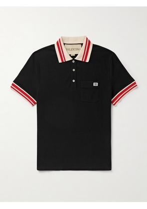 Valentino Garavani - Logo-Appliquéd Striped Cotton-Piqué Polo Shirt - Men - Black - XS