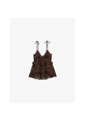Womens The Kooples Leopard-Print Ruffled-Trim Woven Top