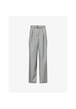 Womens Dries Van Noten Belted Striped Wool-Blend Trousers