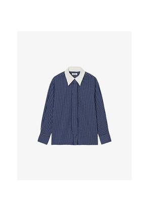 Womens Sandro Tie-Neck Long-Sleeve Checked Stretch Cotton-Blend Shirt