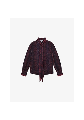 Womens Reiss Dana Snake-Print Tie-Neck Woven Blouse