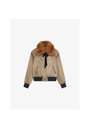 Womens The Kooples Faux Fur-Collar Tie-Detail Satin Jacket
