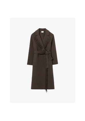 Womens Claudie Pierlot Fringed Belted-Waist Long Wool-Blend Coat