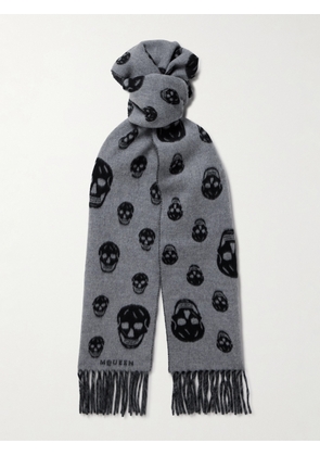 McQueen - Fringed Intarsia-Knit Wool and Cashmere-Blend Scarf - Men - Black