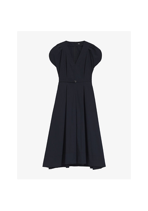 Womens Boss V-Neck Belted-Waist Cotton-Blend Midi Dress