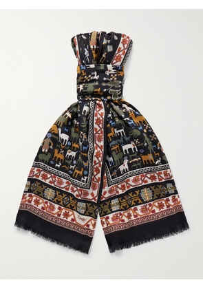 Drake's - Frayed Printed Wool and Silk-Blend Scarf - Men - Brown