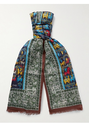 Drake's - Frayed Printed Wool and Silk-Blend Scarf - Men - Blue