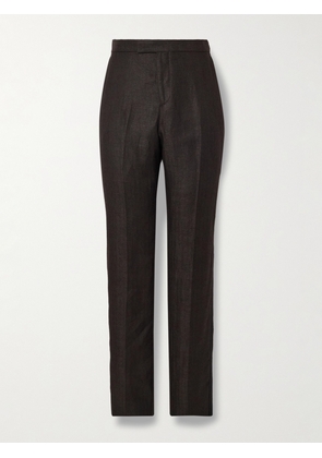 Favourbrook - Randwick Straight-Leg Grosgrain-Trimmed Herringbone Linen and Silk-Blend Tuxedo Trousers - Men - Black - UK/US 30