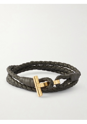 TOM FORD - Woven Leather and Gold-Plated Wrap Bracelet - Men - Green - M