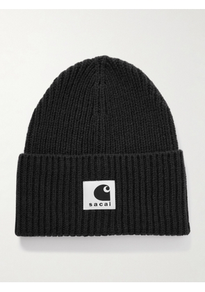 Sacai - Carhartt WIP Logo-Appliquéd Ribbed Wool-Blend Beanie - Men - Black