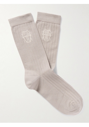 Brunello Cucinelli - Logo-Jacquard Ribbed Cotton Socks - Men - Brown - S