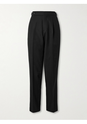 Brunello Cucinelli - Tapered Pleated Satin-Trimmed Silk, Wool and Mohair-Blend Trousers - Men - Black - IT 46