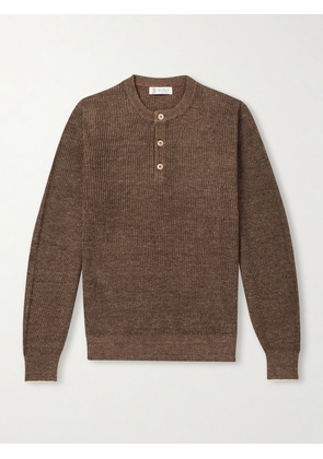 Brunello Cucinelli - Ribbed Linen and Cotton-Blend Henley Sweater - Men - Brown - IT 46
