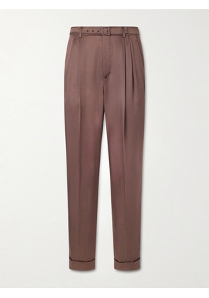 SAINT LAURENT - Tapered Belted Silk-Satin Trousers - Men - Brown - IT 48
