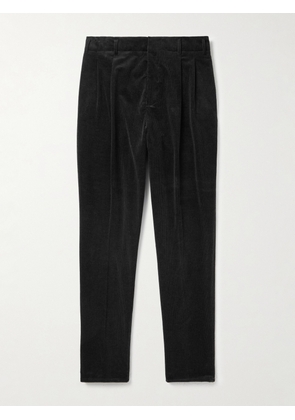 Brunello Cucinelli - Tapered Pleated Stretch Cotton and Cashmere-Blend Corduroy Trousers - Men - Black - IT 46