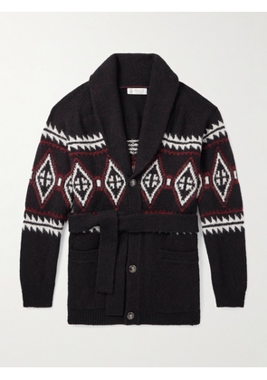 Brunello Cucinelli - Shawl-Collar Belted Jacquard-Knit Wool, Silk and Cashmere-Blend Cardigan - Men - Black - IT 46