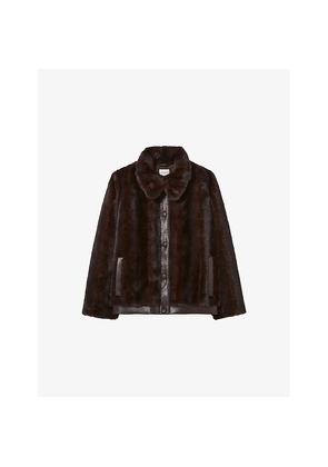 Womens Claudie Pierlot Collared Contrast-Trim Faux-Fur Coat