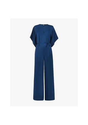 Womens Whistles Belted-Waist Short-Sleeve Satin Jumpsuit