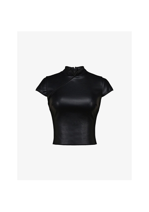 Womens House of CB Bobbi Mandarin-Collar Vegan-Leather Top