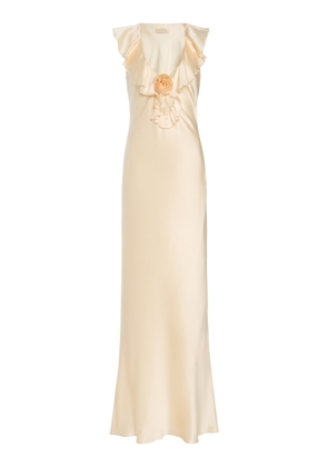 De La Vali Nema Ruffled Silk-Blend Satin Maxi Slip Dress - Moda Operandi