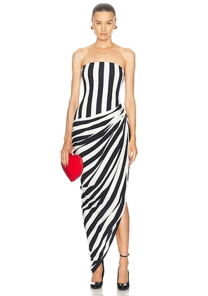 BALMAIN Bustier Stripe Draped Jersey Long Slit Dress in Noir & Lanc - Black. Size 38 (also in ).