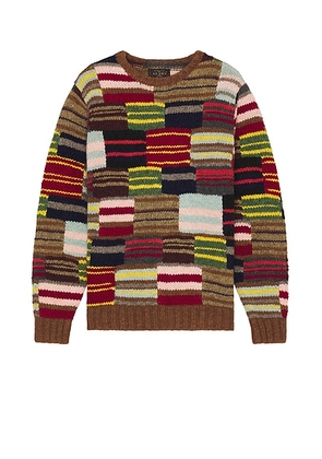 Beams Plus Crew Hand Knit Patchwork Sweater in Stripe - Brown. Size M (also in ).