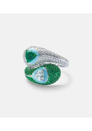 Kamyen Ying Yang 18kt white gold and enamel ring with emeralds and diamonds
