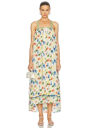 BODE Flower Stamp Dress in White Multi - Yellow,Blue. Size L (also in M).