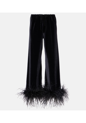 Oseree Feather-trimmed velvet wide-leg pants