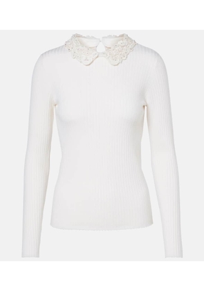 Carolina Herrera Embellished ribbed-knit wool top