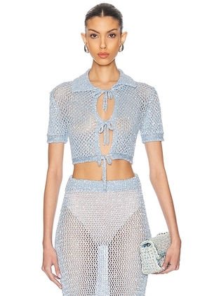 AREA Sequin Crochet Short Sleeved Cardigan in Light Blue - Baby Blue. Size M (also in S).