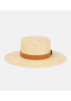 Gucci GG leather-trimmed straw boater hat
