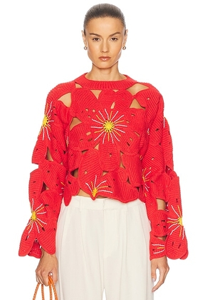 The Elder Statesman Flower Pullover Sweater in Persimmon Multi - Red. Size L (also in ).