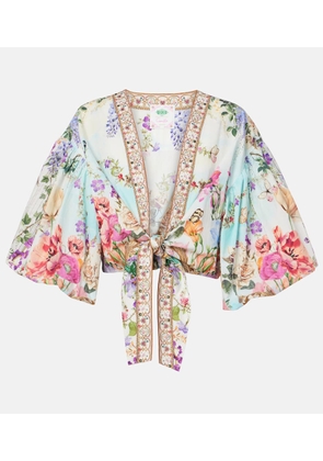 Camilla Tie-front puff-sleeve crop top