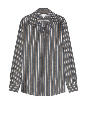 Bottega Veneta Bold Botton Linen Stripe Shirt in Blue  Khaki  & Black - Blue. Size 50 (also in 52).