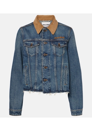 Miu Miu Logo distressed corduroy-trimmed denim jacket