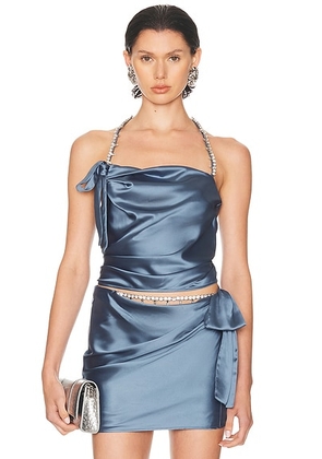 AREA Crystal Embellished Satin Halter Top in Steel Blue - Slate. Size L (also in ).