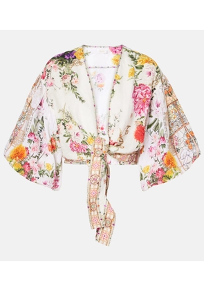Camilla Floral tie-front linen crop top