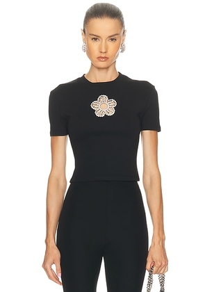 AREA Crystal Flower Cropped T-Shirt in Black - Black. Size L (also in XS, S, M).