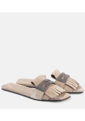 Brunello Cucinelli Fringed suede slippers