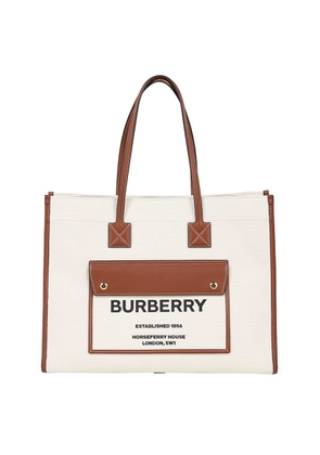Burberry Freya Medium Two-tone Canvas And Leather Tote In Natural/Tan